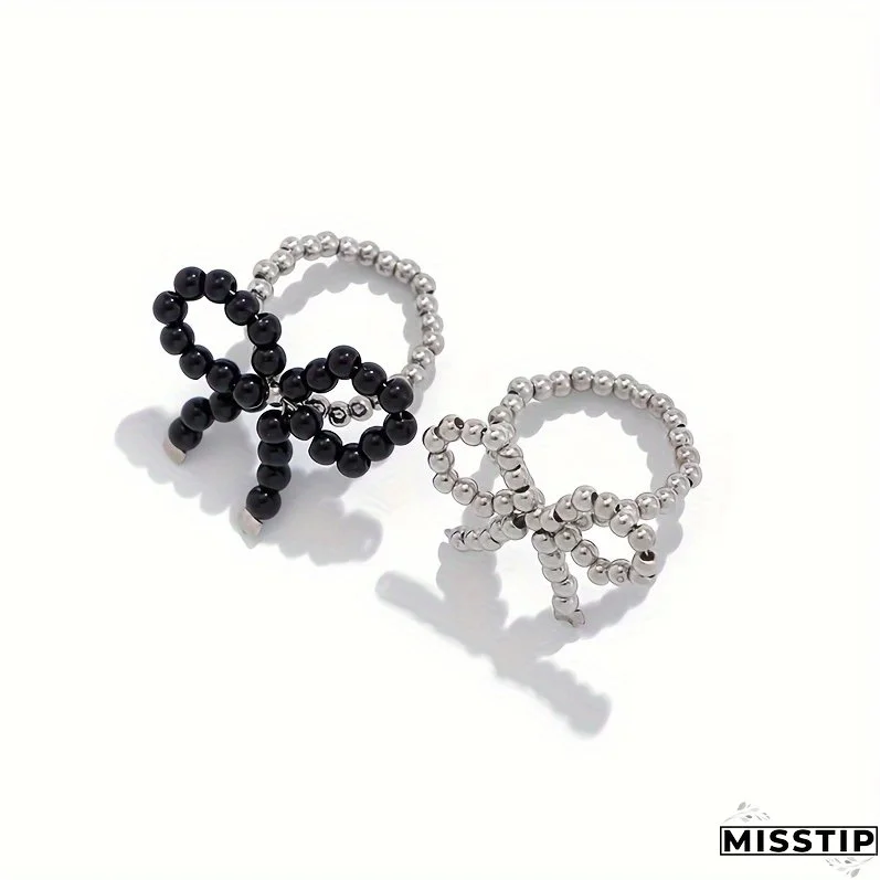 Vintage Elegant Imitation Pearl Butterfly Knot Open Ring Set, 2-Piece Adjustable Statement Rings, Alloy No Plating, Daily & Gift Occasions, Valentine's Day Holiday Jewelry