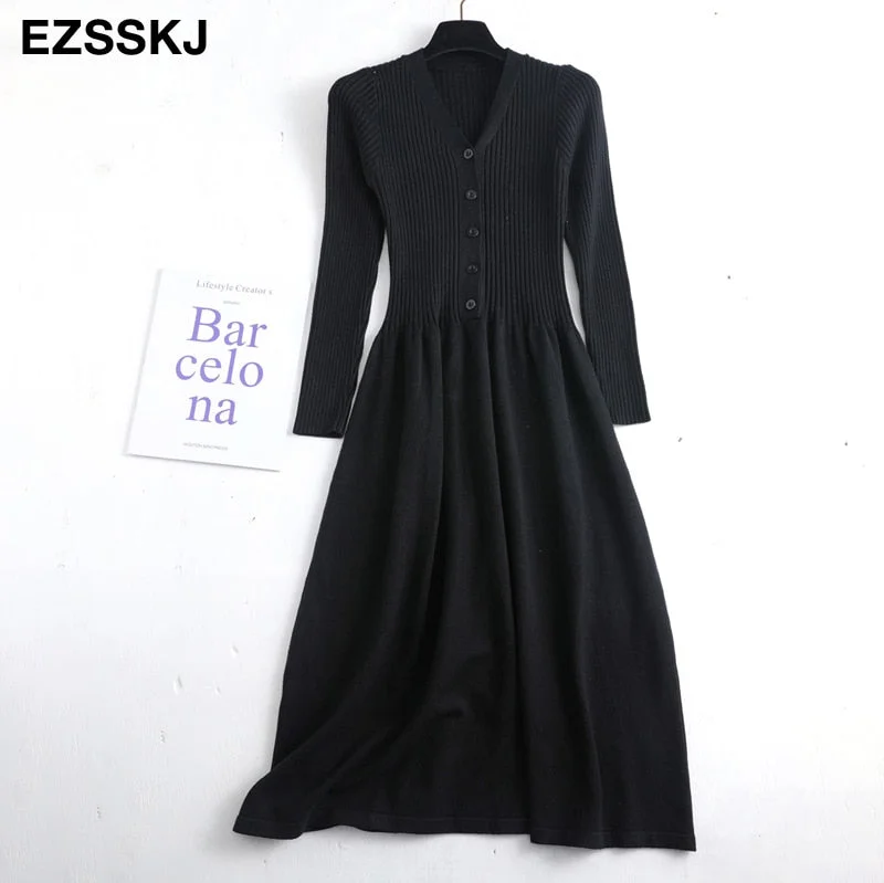Autumn Winter Knit Long Dress Women Casual V-Neck Slim Bodycon robe Sweater Dresses Office Lady  THICK MAIX Dress