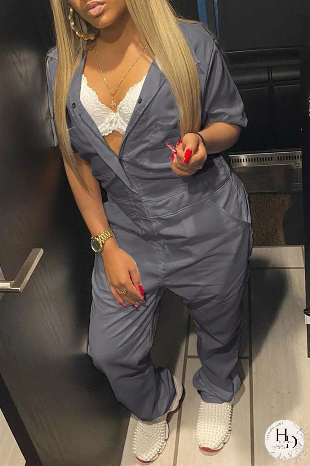 Grey Fashion Casual Solid Basic Turndown Collar Regular Jumpsuits