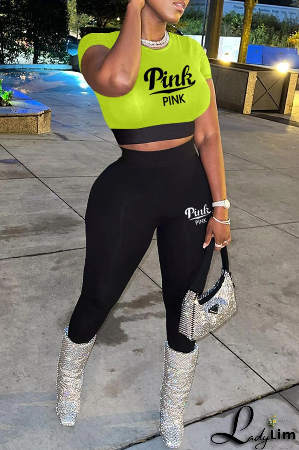 Black Fashion Casual Letter Print Patchwork O Neck Short Sleeve Two Pieces