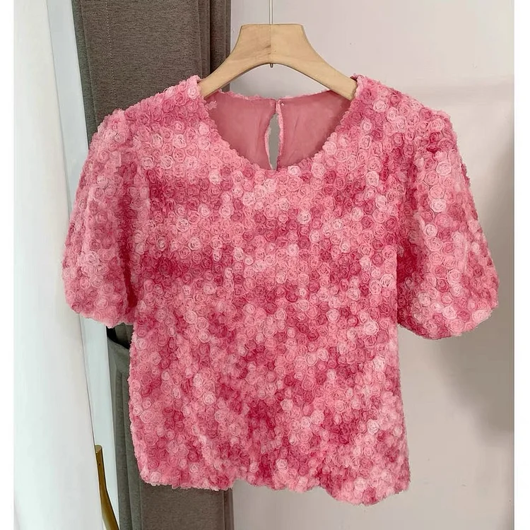 Cute Round Neck Gradient Pink Floral Puff Sleeve Blouse