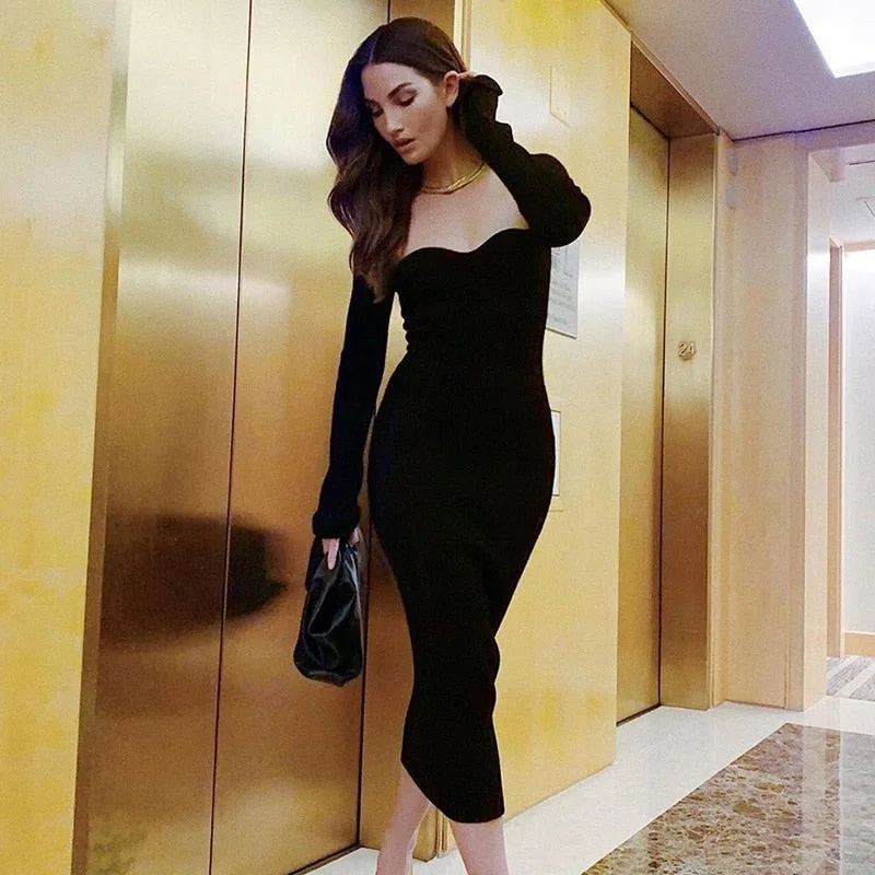 WannaThis Slash Neck Knitted Midi Dress For Women Sexy Black Elegant Party Wear Long Sleeve Bodycon Fashion Dresses Autumn 2021