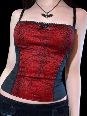 Pornhint InsGoth Grunge Goth Top Vintage Harajuku Sexy Cut Out Zipper Camisole Punk Spider Net Graphic  Backless Summer Basic Crop Camis