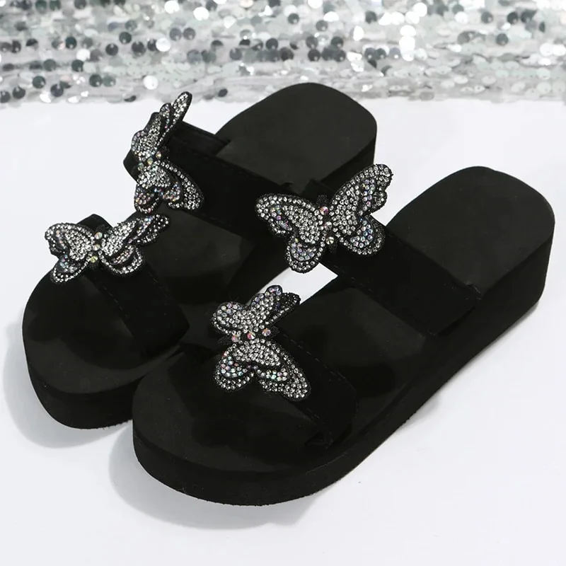 Tanguoant Crystal Butterfly Wedges Heel Slippers Women 2023 Plus Size Thick Sole Sandals Woman Non Slip Platform Flip Flops Mujer