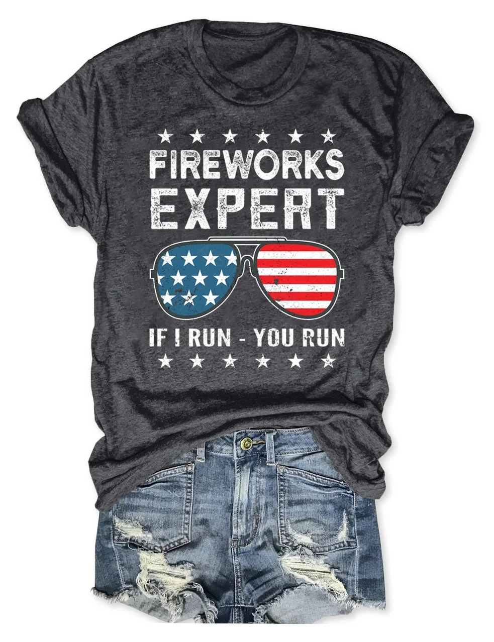 Fireworks Expert If I Run You Run American Flag Sunglasses T-Shirt