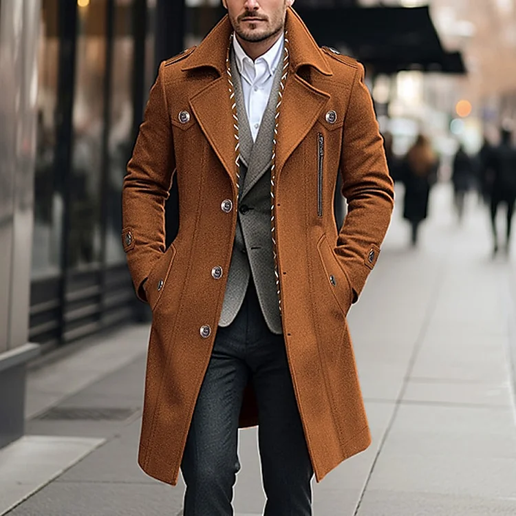 Men's Winter Wool Coat Casual Single Breasted Notched Collar Zip Decor Pocket Overcoat