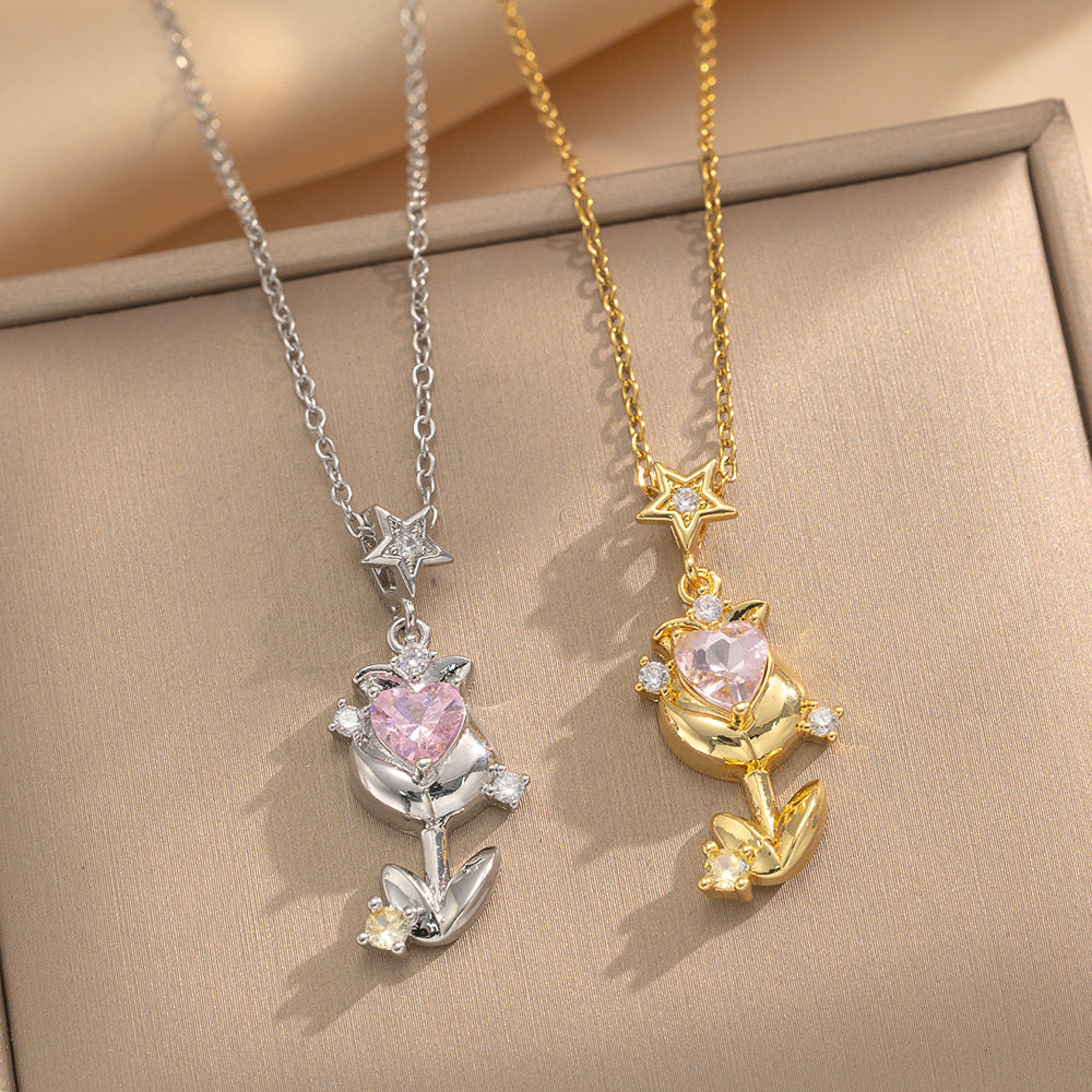 Tulip Zircon Love Rose Gold Gorgeous Full Diamond Necklace Female Versatile Clavicle Chain Titanium Steel Chain