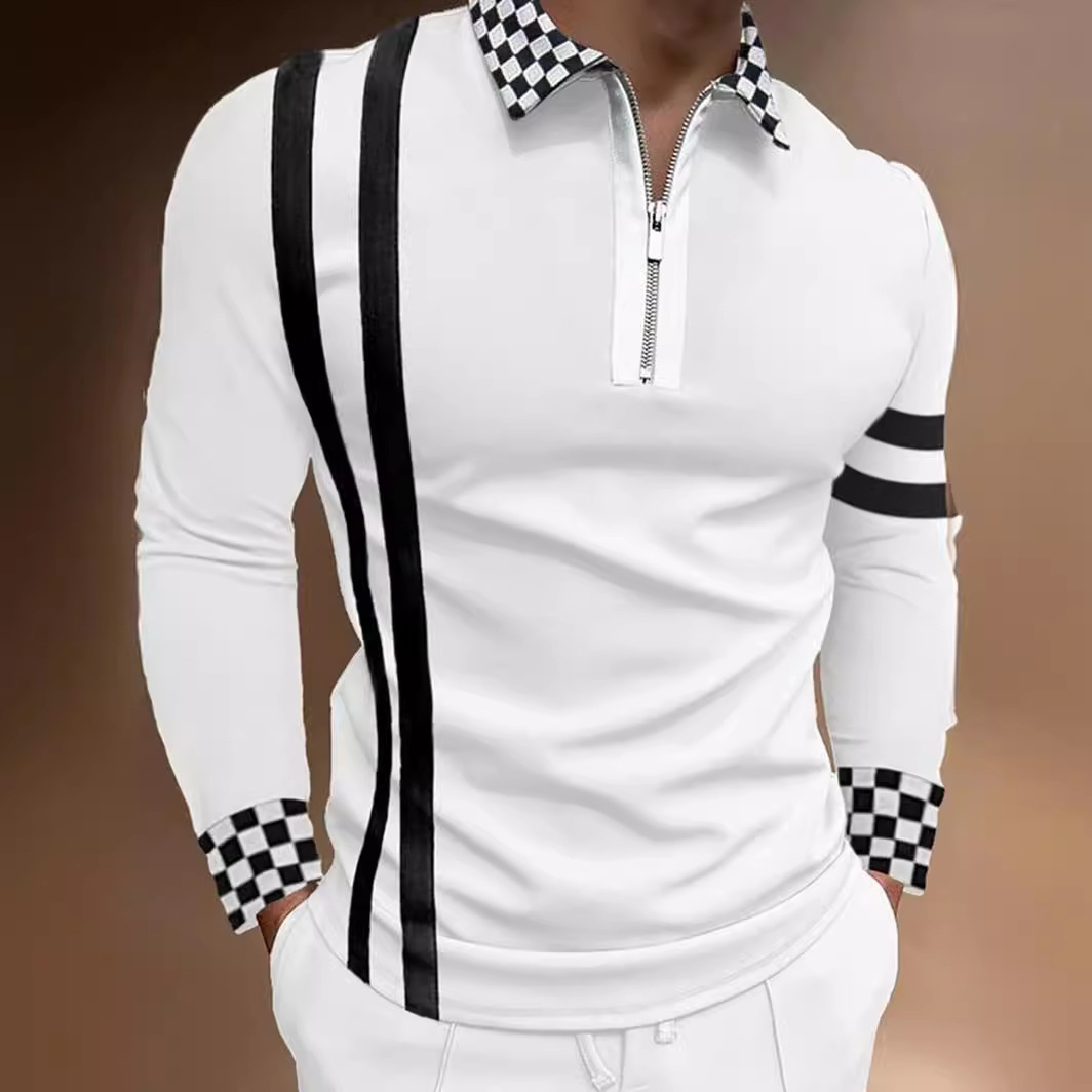 Checked Collar Zipper Striped Shirt Fashion Men's Long Sleeve POLO Shirt
