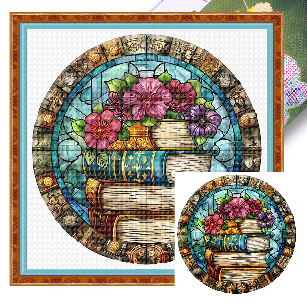 Glass Painting Of Books And Flowers Full 14CT Pre-stamped Canvas(50*50cm) Cross Stitch