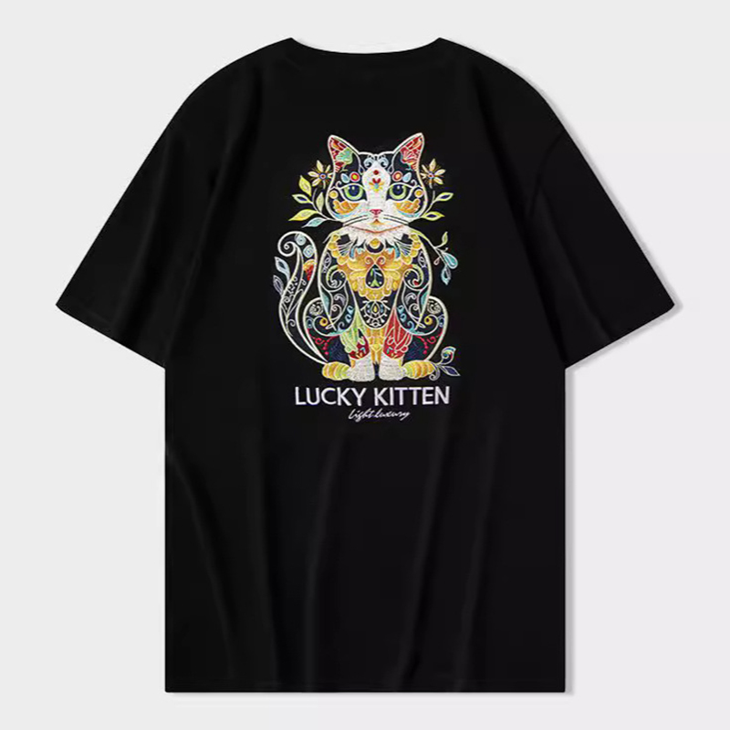 Embroidered Lucky Kitten Crew Neck Casual Cotton T-shirt