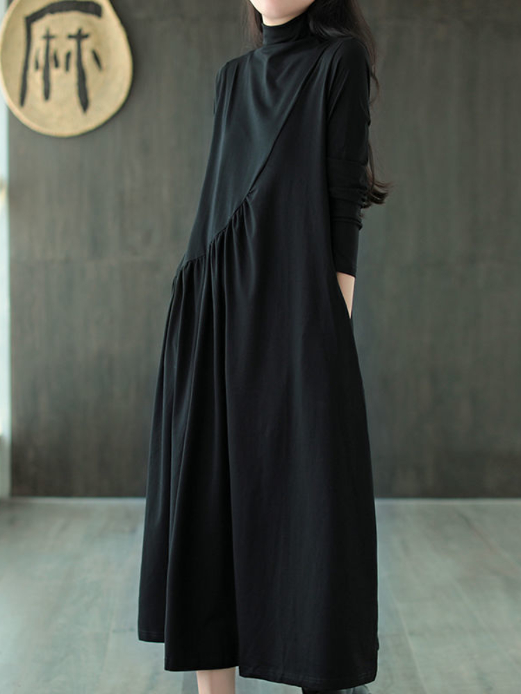 Fashion Retro Solid Color Half High Neck Loose Casual Long Sleeve Linen & Cotton Dress