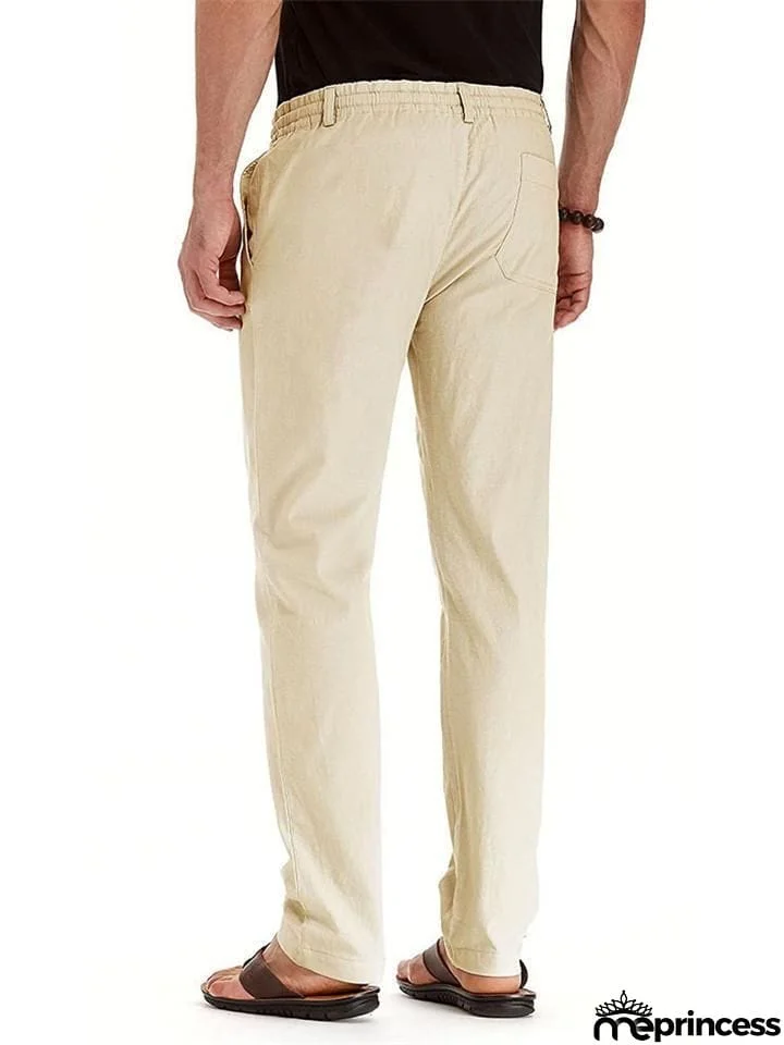 Men's Elastic Drawstring Waistband Casual Straight Cotton Pants