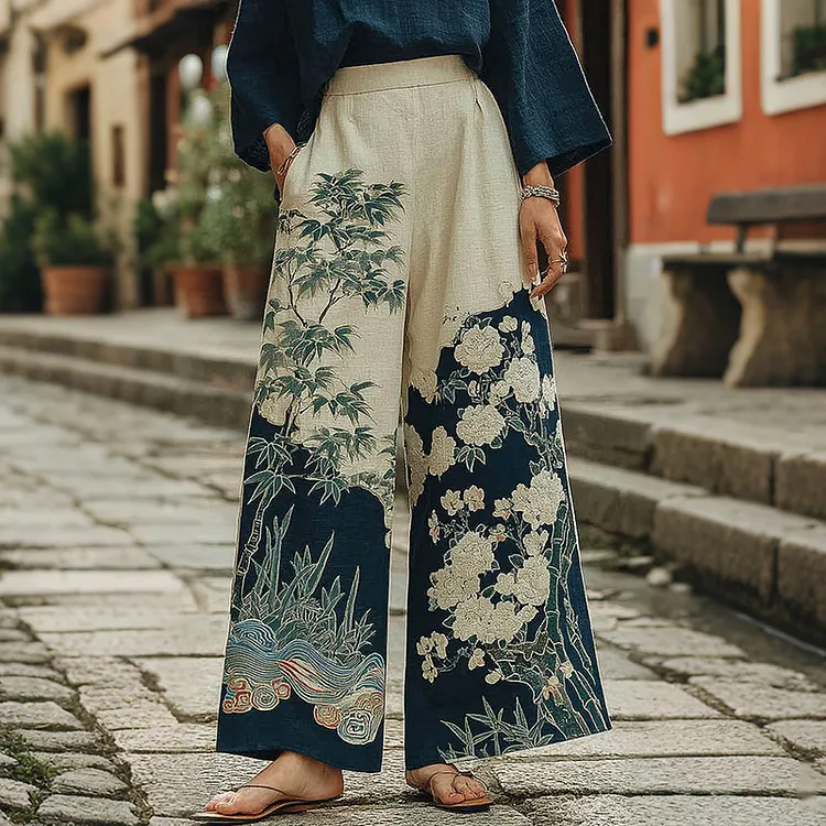 Women's Vintage Japanese Flower Art Print Pants