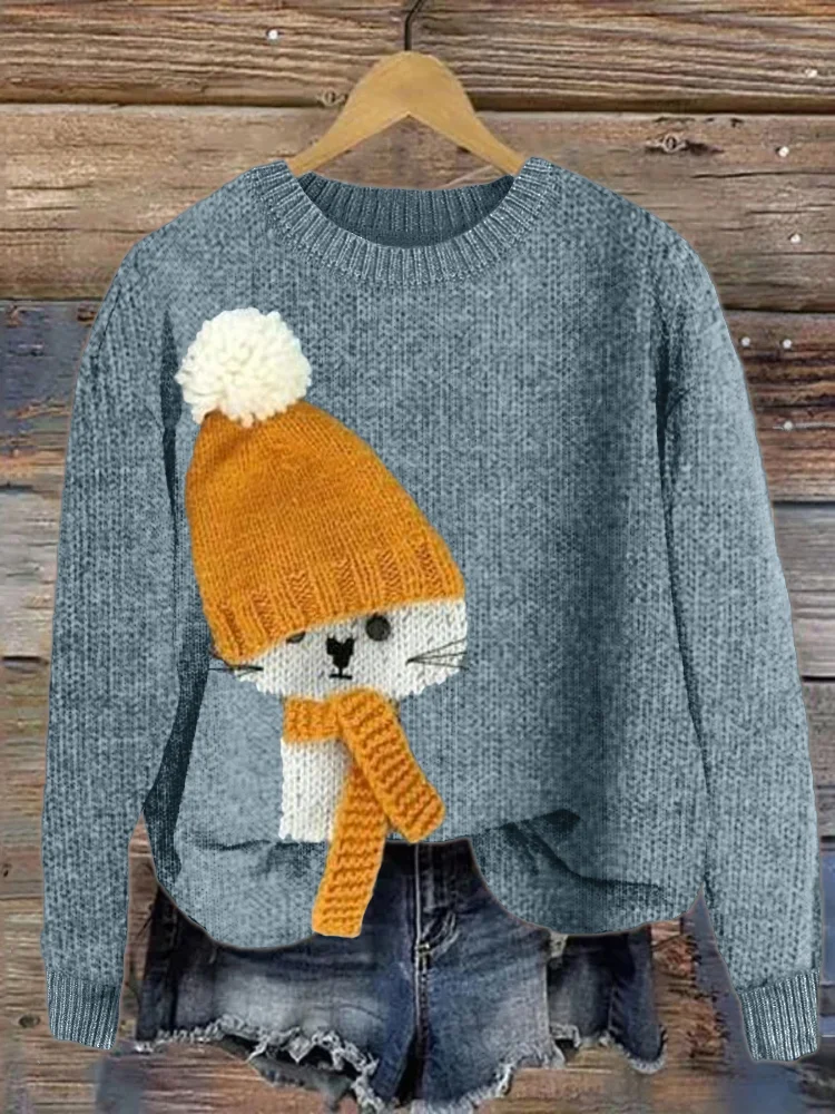 Comstylish Cat with Hat Knit Art Cozy Sweater