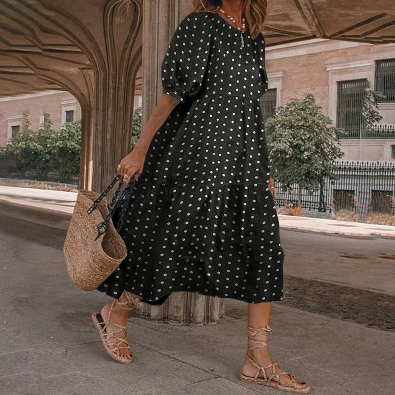 Summer Dress 2022 VONDA Fashion Women Short Sleeve Vintage Plaid Printed Sundress Robe Loose Bohemian Pleated Mid-Calf Vestidos