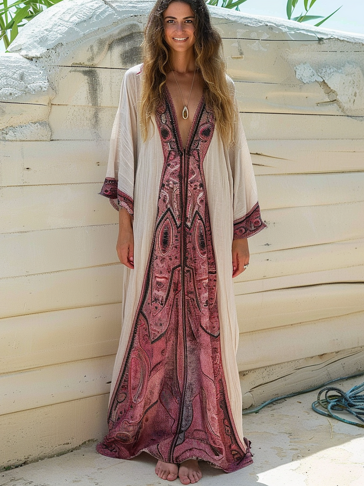 Linen Boho Stylish Printed Kaftan Maxi Dress