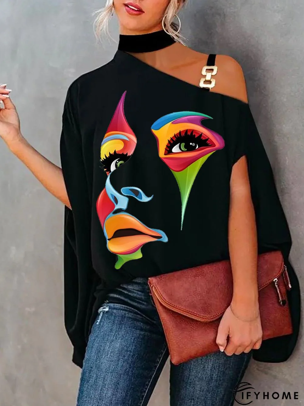 Elegant Printed Asymmetrical Neck Short Sleeve Abstract Top | IFYHOME