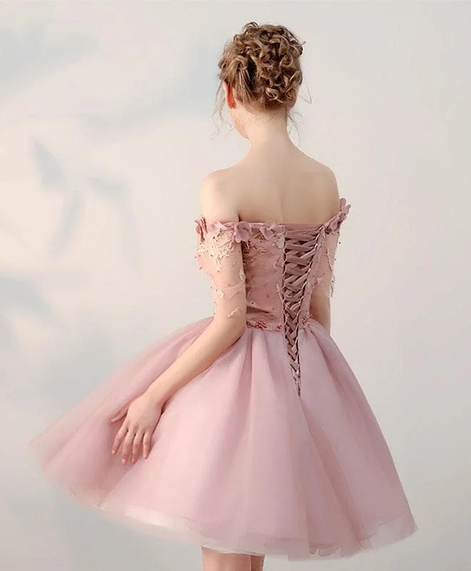 Pink Lace Off Shoulder Short Prom Dress, Pink Homecoming Dress