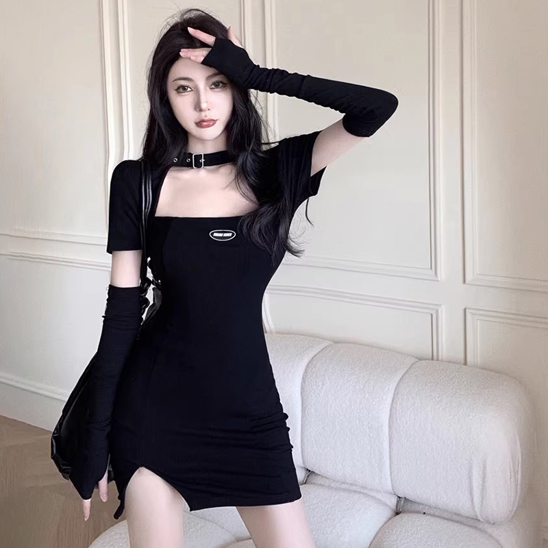 Women's Bodycon Dress Korean Version Spring Autumn Halter Hollow out Slim Sexy Split Long Sleeves Dress