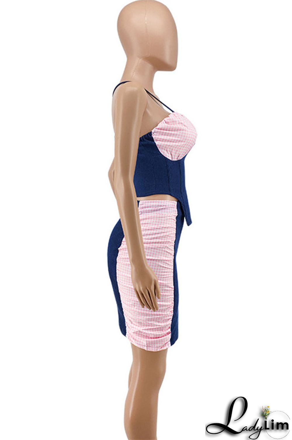 Black Fashion Sexy Plaid Patchwork Backless Asymmetrical Spaghetti Strap Sleeveless Two Pieces