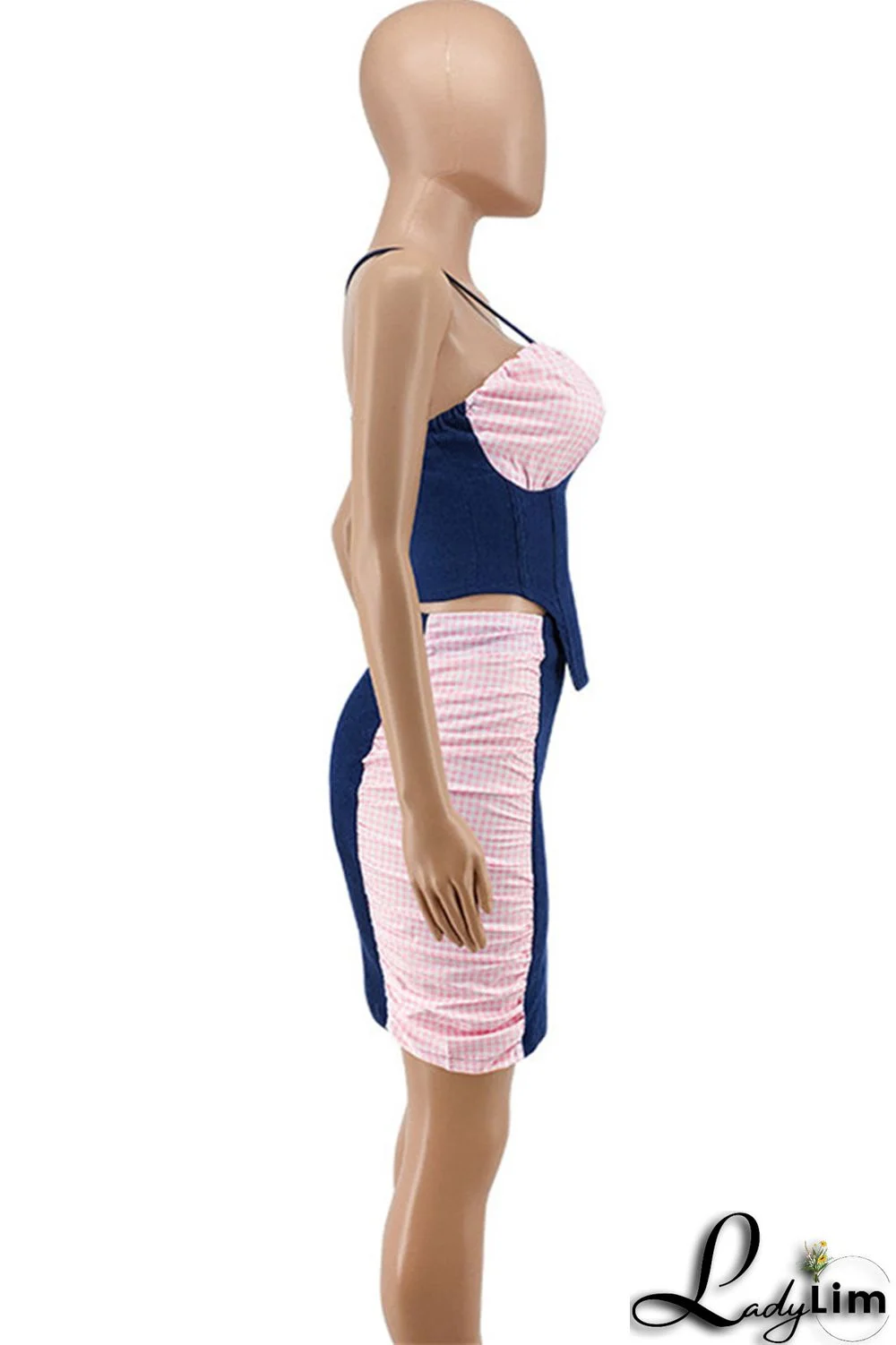 Black Fashion Sexy Plaid Patchwork Backless Asymmetrical Spaghetti Strap Sleeveless Two Pieces