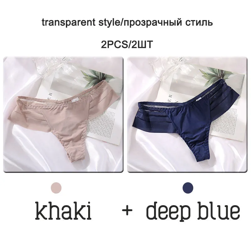 FINETOO 2Pcs/set Sexy Thongs Women Low Waist G-string Panties Fashion Hollow Out Seamless Underwear Perspective Underpants 2021