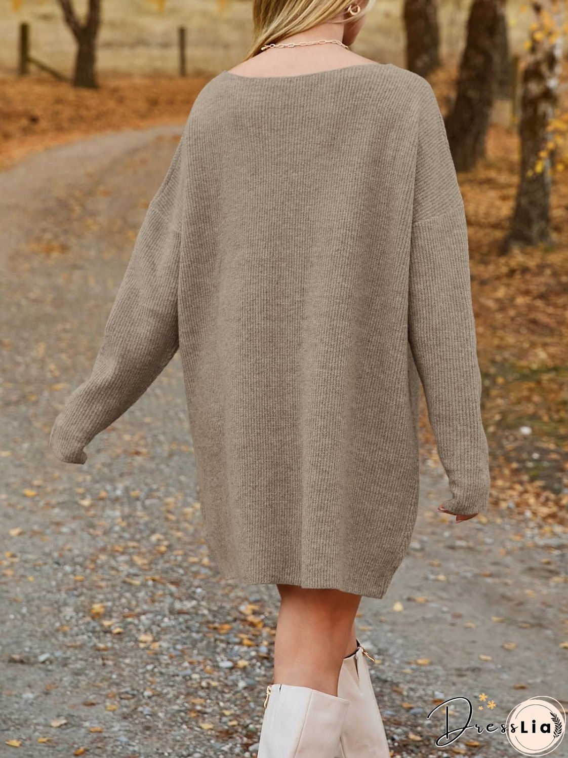 V-Neck Dropped Shoulder Sweater Dress