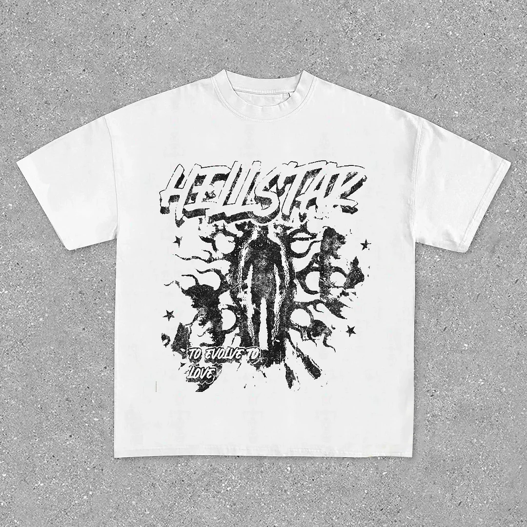 Vintage Hellstar Studios To Evolve To Love High Street Print Casual Cotton Short Sleeve T-Shirt