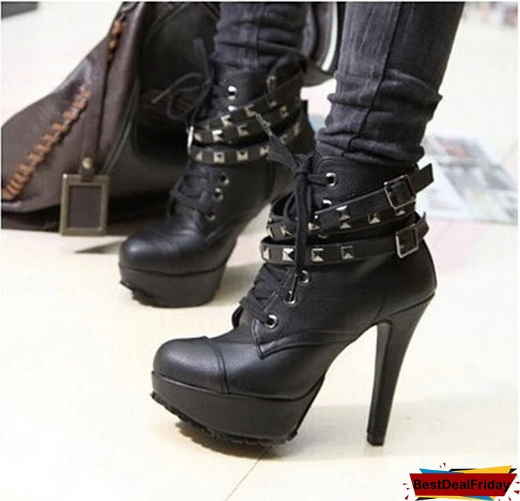 Foreign trade Women's Boots Buckle and Studs Embellished high-heeled boots Short Boots motorcycle boots