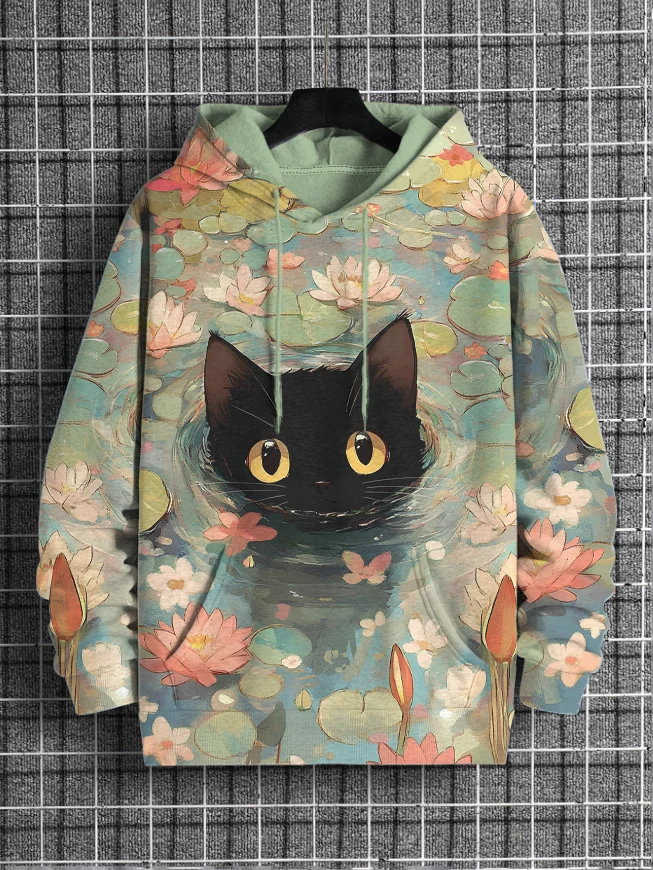 Men's Black Cat In The Lotus Pond Art Print Hooded Sweatshirt