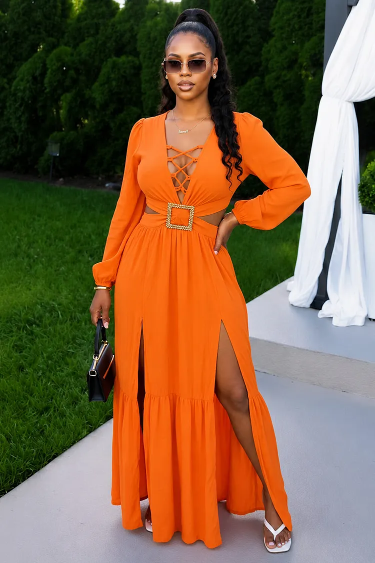 V Neck Waist Cut Out Mentel Bukle Double Slit Maxi Dresses-Orange [Pre  Order]