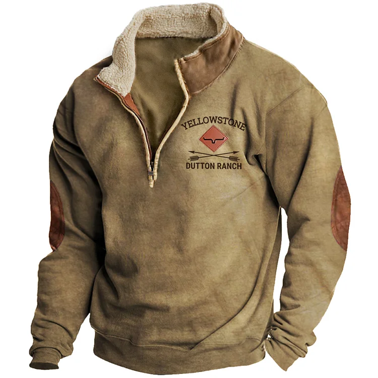 Men's Vintage Western Yellowstone Colorblock Zip Stand Collar Sweatshirt