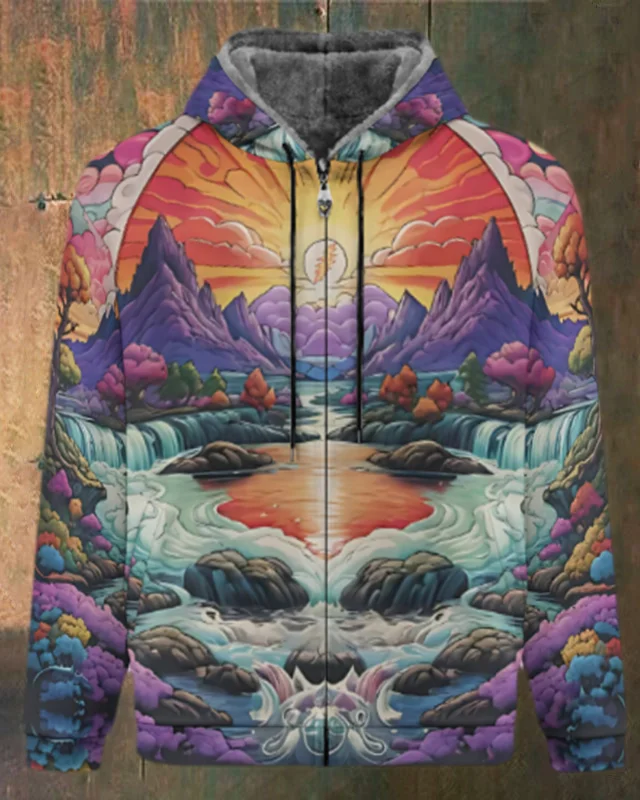 Unisex Skull Print Double Layer Fleece Zip-Up Hooded Jacket