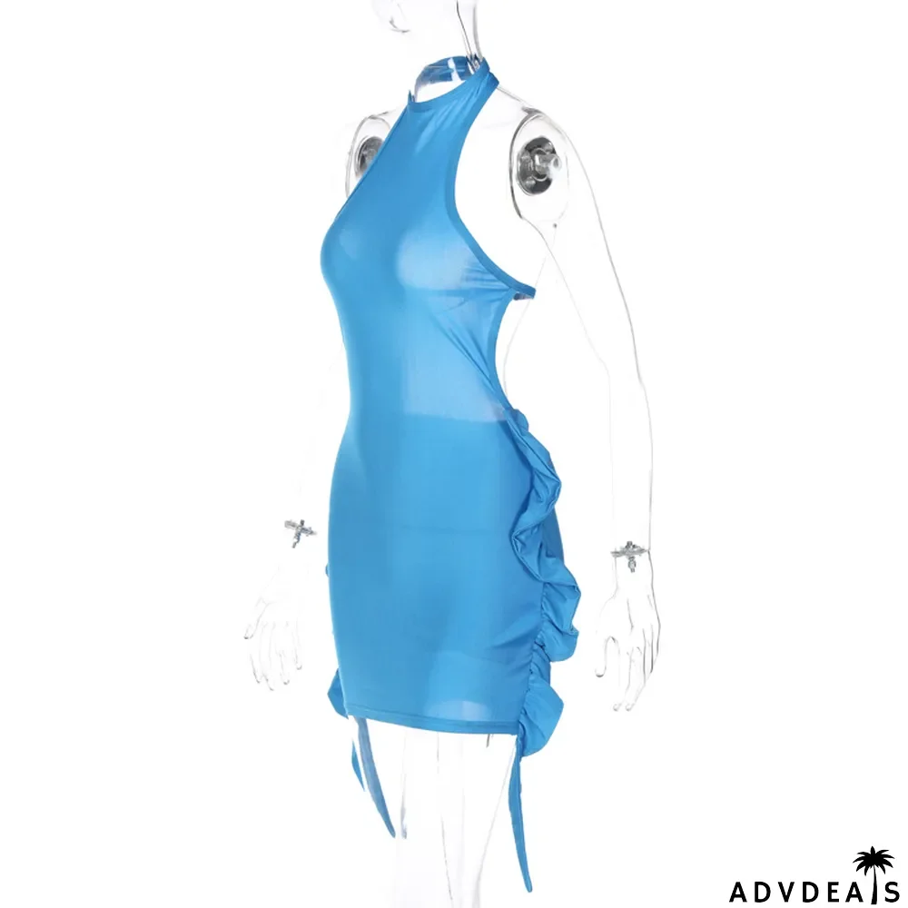 Women's Spring Summer Sleeveless Halter Neck Sexy Large Low Back Tight Fitting Bodycon Dress