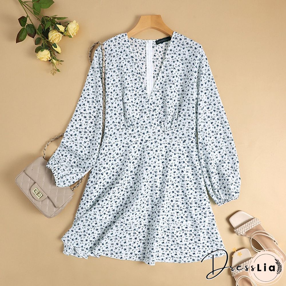 Women Summer V Neck Long Sleeved Skater Dress Floral Print Holiday Beach Mini Dress