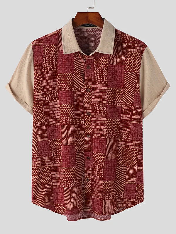 Aonga - Mens Cotton&Linen Ethnic Patchwork Lapel Shirt J