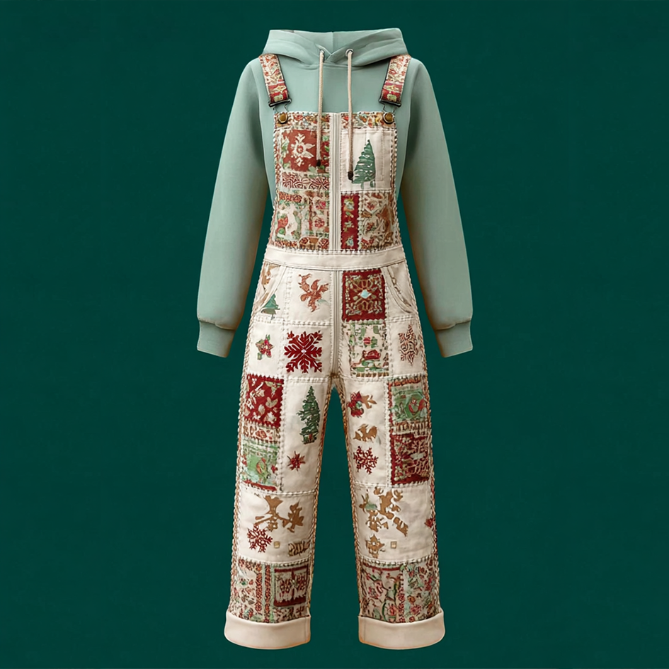 Retro Christmas Elements Patch Printed Women's Overalls elevenforest