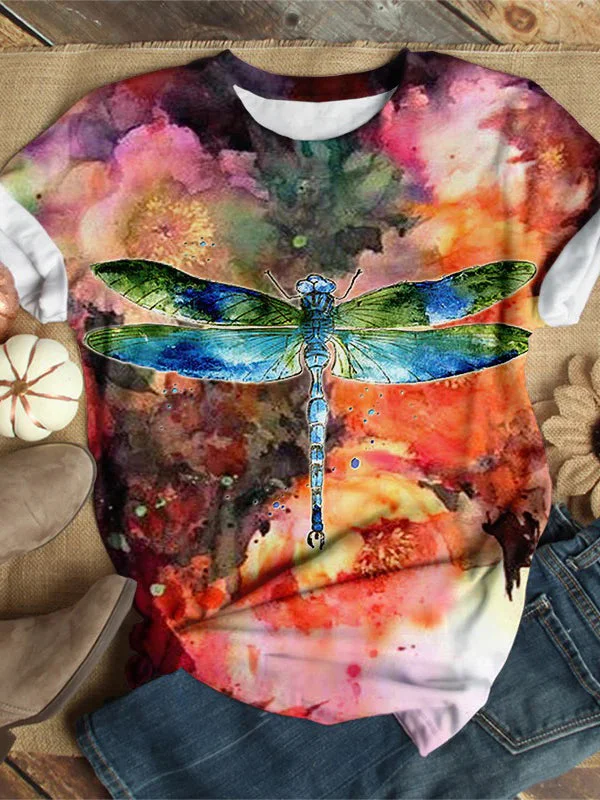 Vintage Dragonfly Print Short Sleeve Top