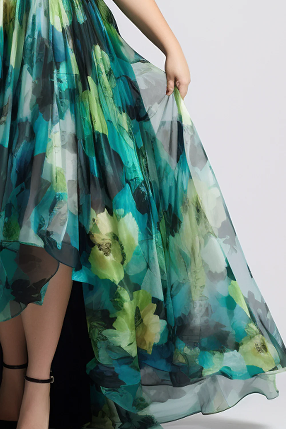 Flycurvy Plus Size Wedding Guest Dark Green Chiffon Floral Print Off The Shoulder High Low Hem Maxi Dress