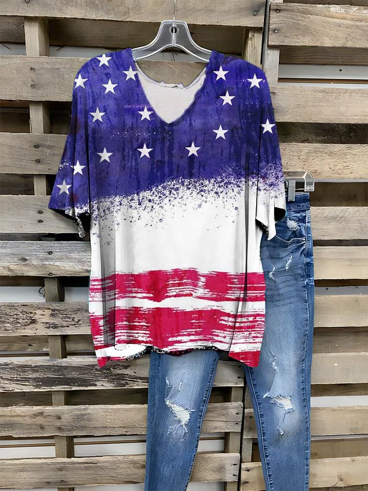 Women's New Flag Printing Half-sleeve V-neck T-shirt