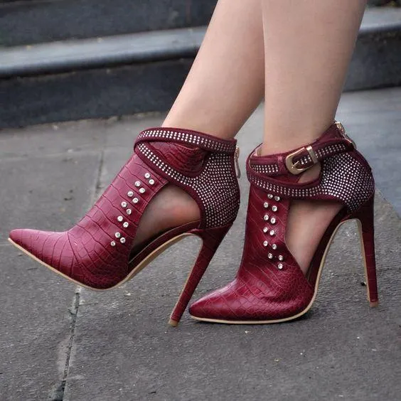 VCSHOES Crystal Pointed Toe Ankle Wraps Cut Out Stiletto High Heels Short Boots