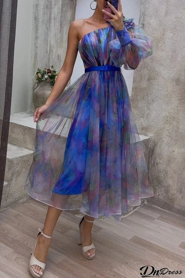 Monroe Tulle Floral Pleated One Shoulder Sleeve Belt Swing Midi Dress