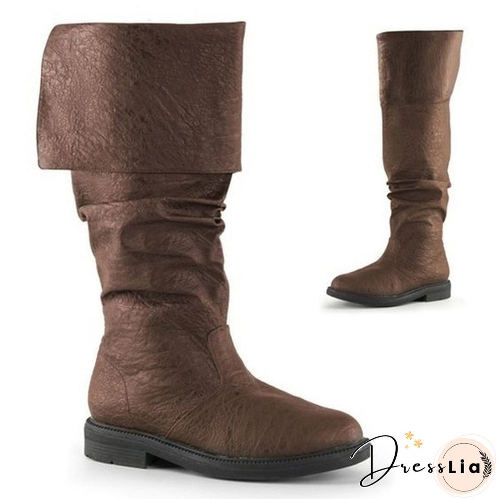 New Couple Boots Robin Hood Boots Men's Flat Heel Cuffed Knee High Renaissance Boots Medieval Black Brown Pu Shoes