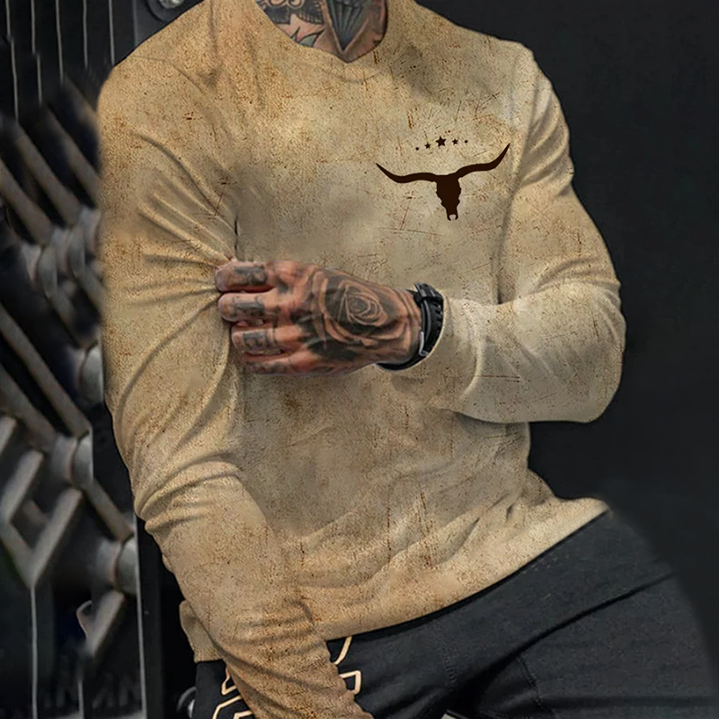 Men'S Vintage Star Bull Head Long Sleeve T-Shirt