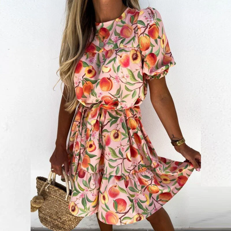 Women Sexy O Neck Ruffle A-Line Party Dress Spring Elastic Waist Office Lady Mini Dress Summer Short Sleeve Floral Print Dresses