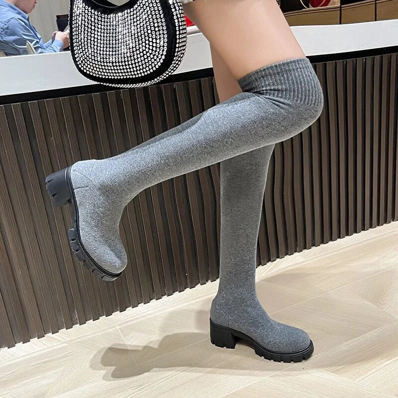 Zhungei Sexy Slim Over The Knee Stretch Socks Boots Women 2024 Autumn Thick High Heels Long Boots Woman Anti-slip Platform Shoes