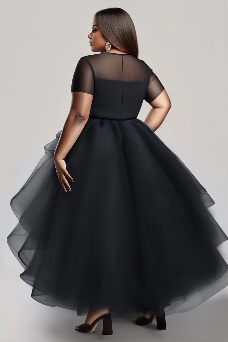 Xpluswear Design Plus Size Cocktail Party Mesh Black Elegant Round Neck Short Sleeve High Low Hem See Through Tulle Maxi Dresses [Pre-Order]