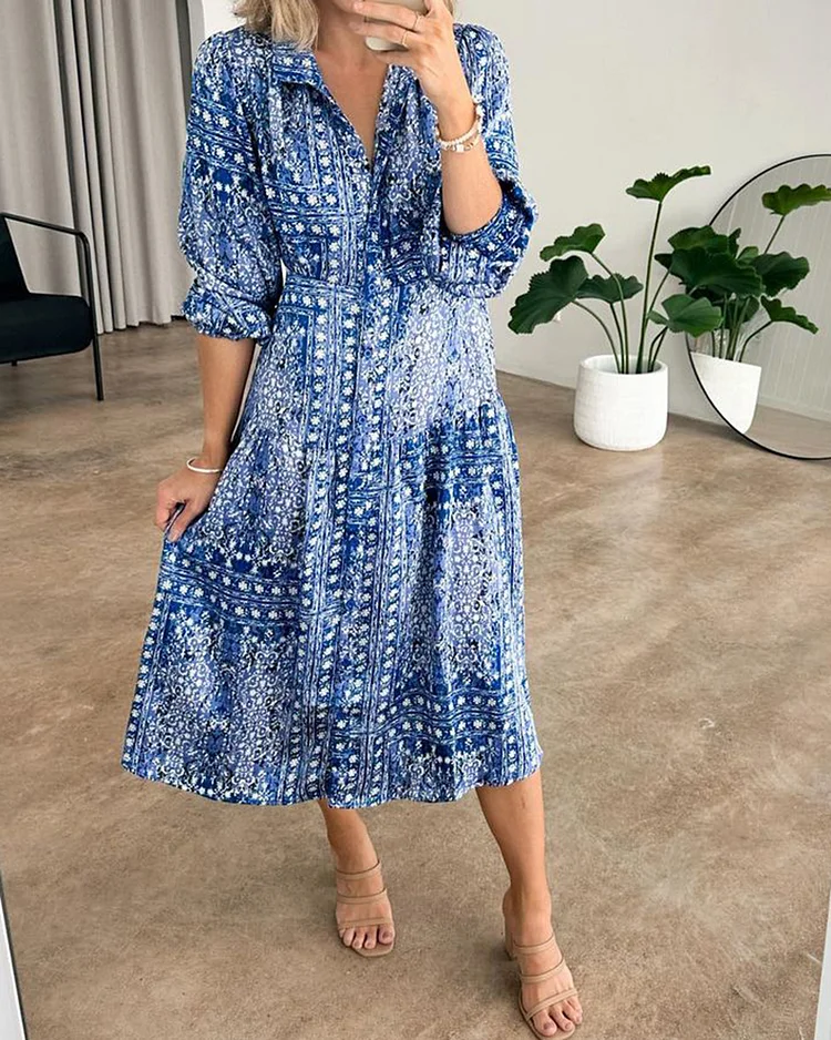 Lapel Printed Lantern Sleeve Dress