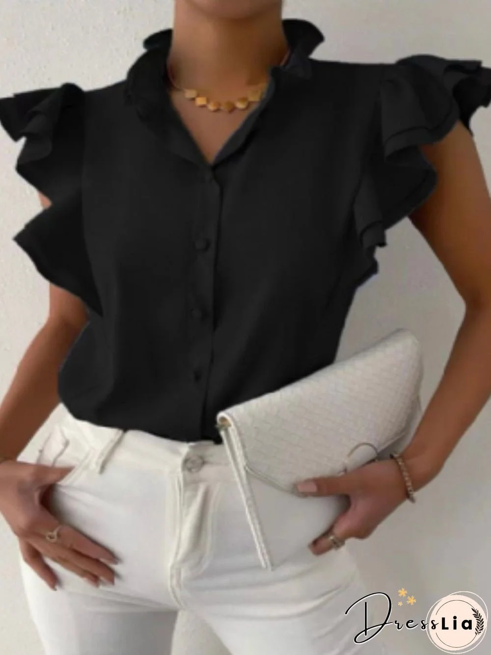 Women'S Blouses Solid Stand Collar Button Ruffle Blouse