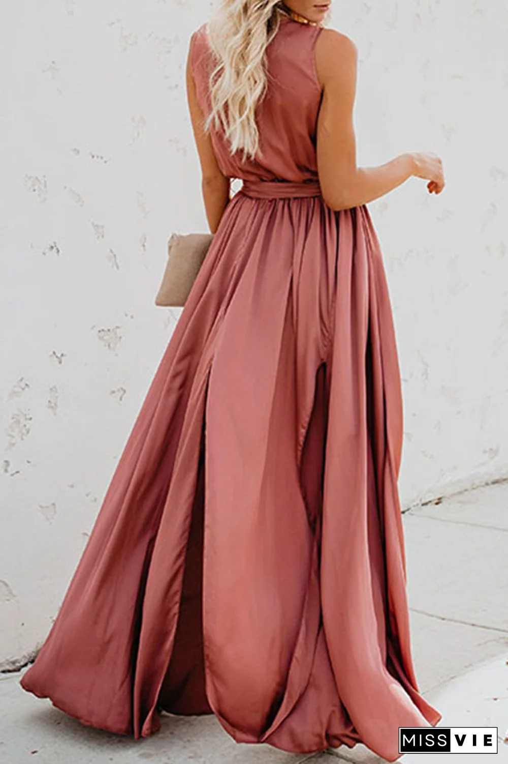 Casual Bohemian Solid High Opening With Belt V Neck Dresses